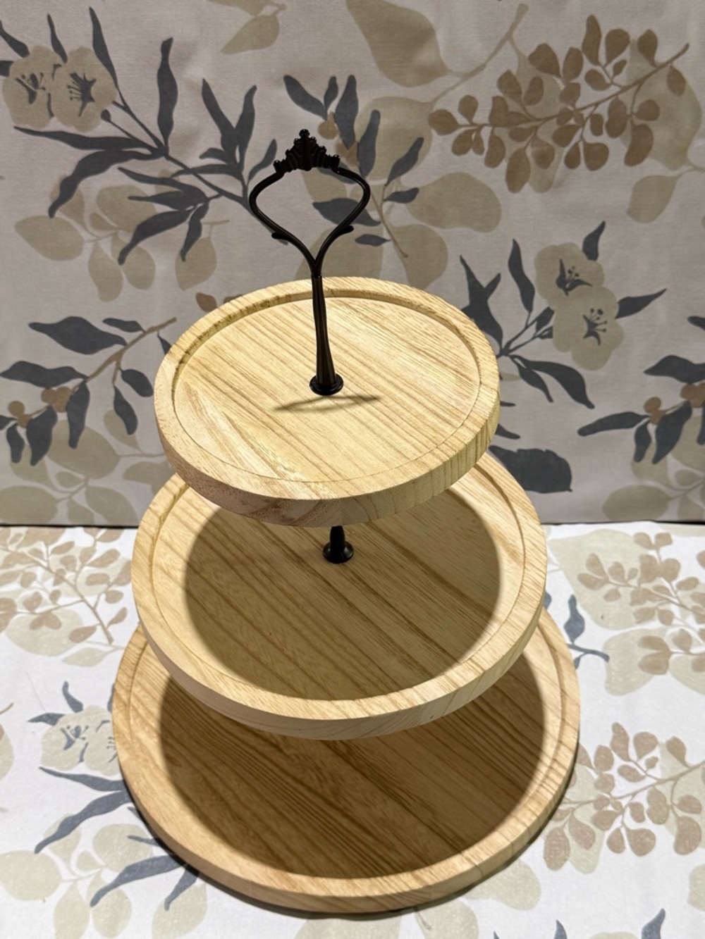 3-Tier Wooden Serving Stand - light color Natural Wood with Black accessories. - Picture 2 of 4